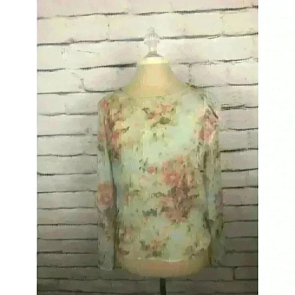 Zara Woman Green Multicolor Size S Long Sleeve Sheer Pleated Floral Blouse